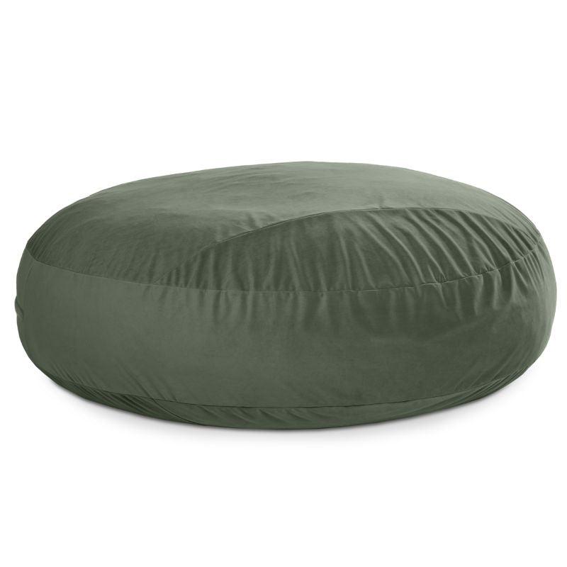 Jaxx Cocoon 7ft XL bean bag chair in green lush velvet shown flat, an extra-large deep pressure crash pad