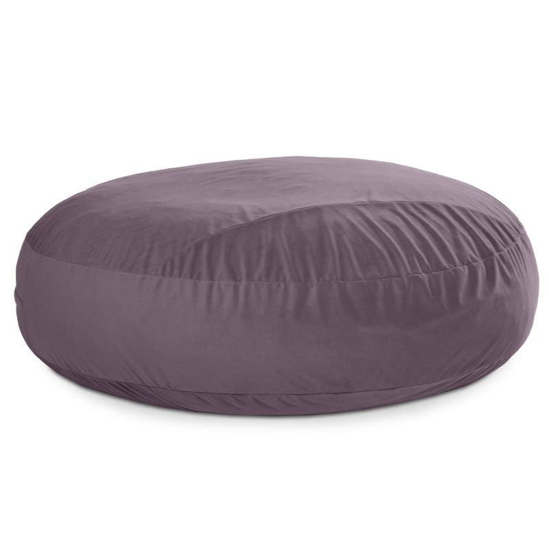 Jaxx Cocoon 7ft XL bean bag chair in purple lush velvet shown flat, a giant sensory crash pad and lounger