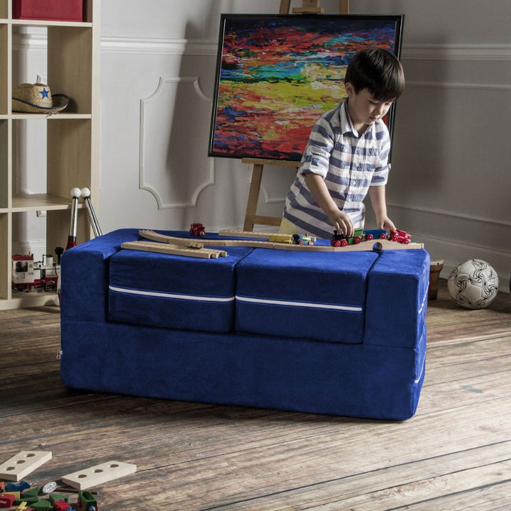 Jaxx Zipline kids convertible loveseat in blue microsuede in play table mode, a 3-in-1 play sofa used as a kids activity table