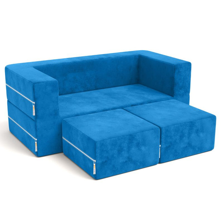 Jaxx Zipline kids convertible loveseat in blue microsuede, a fold out play sofa with matching ottomans for playrooms