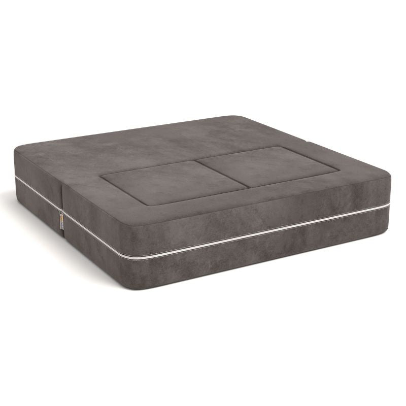 Jaxx Zipline kids convertible loveseat in charcoal microsuede folded into bed mode, a modular play sofa for sleepovers