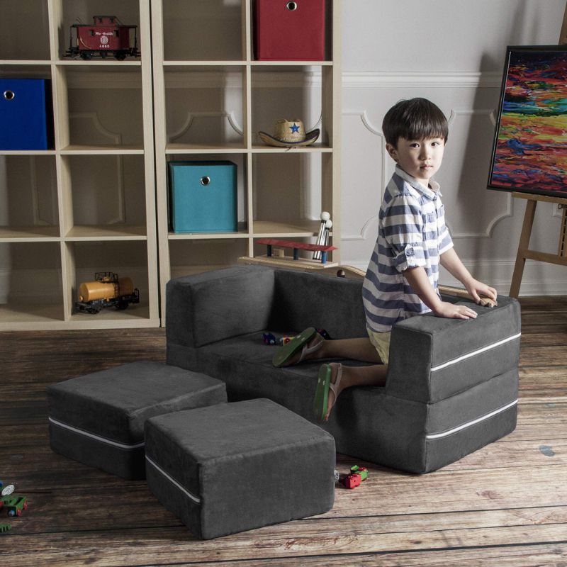 Jaxx Zipline kids convertible loveseat in charcoal microsuede with ottomans, a play sofa for kids playrooms and bedrooms