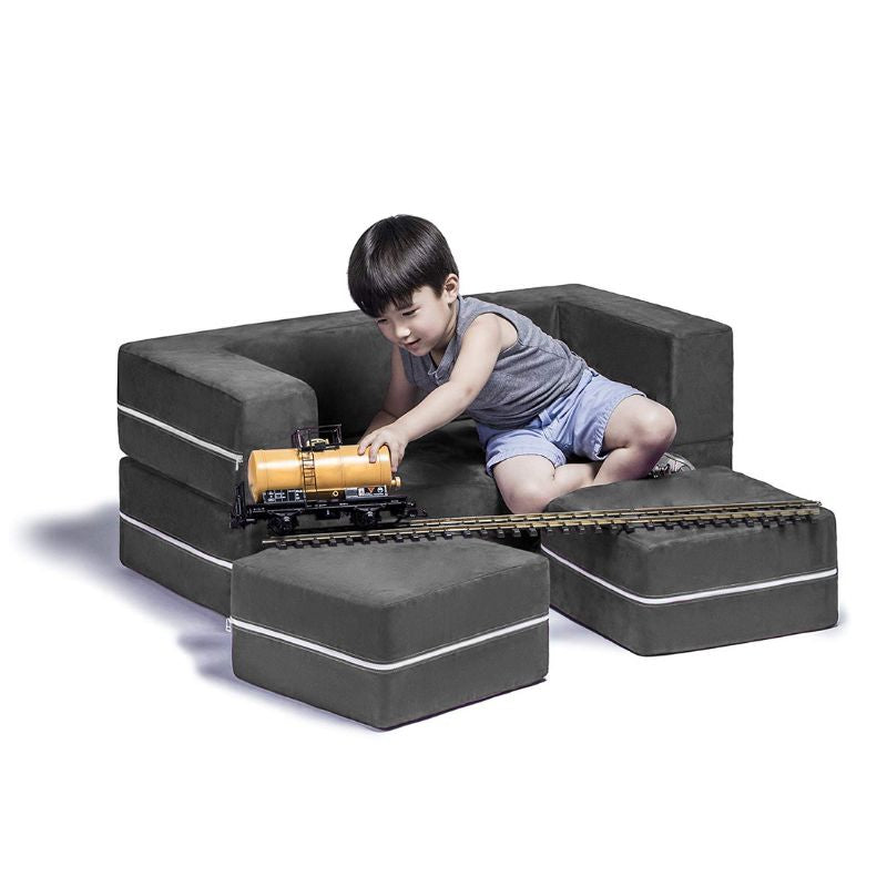Jaxx Zipline kids convertible loveseat in charcoal microsuede in use as seating, a 3-in-1 play sofa for playrooms