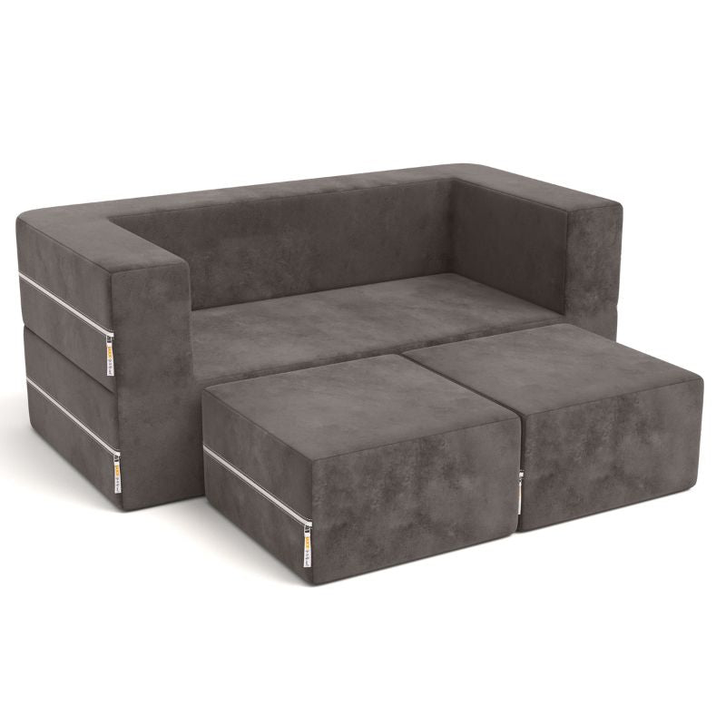 Jaxx Zipline kids convertible loveseat in charcoal microsuede, a modular play sofa that converts into a bed