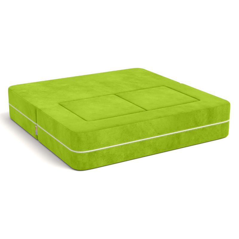 Jaxx Zipline kids convertible loveseat in green microsuede folded into bed mode, a fold out kids sofa for calm corners and naps