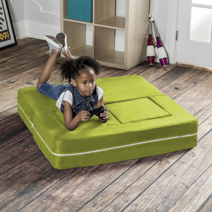 Jaxx Zipline kids convertible loveseat in green microsuede in bed mode, a 3-in-1 play sofa for relaxed play time