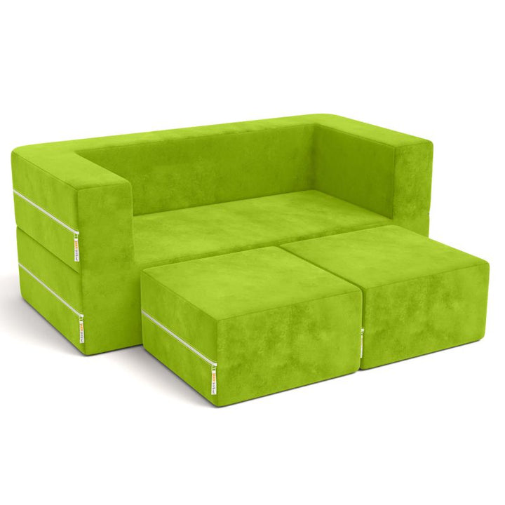 Jaxx Zipline kids convertible loveseat in green microsuede, a modular play sofa for classrooms and calm corners
