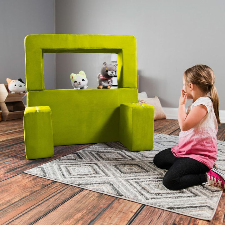 Jaxx Zipline kids convertible loveseat in green microsuede built into a puppet theatre, a 3-in-1 play sofa for pretend play