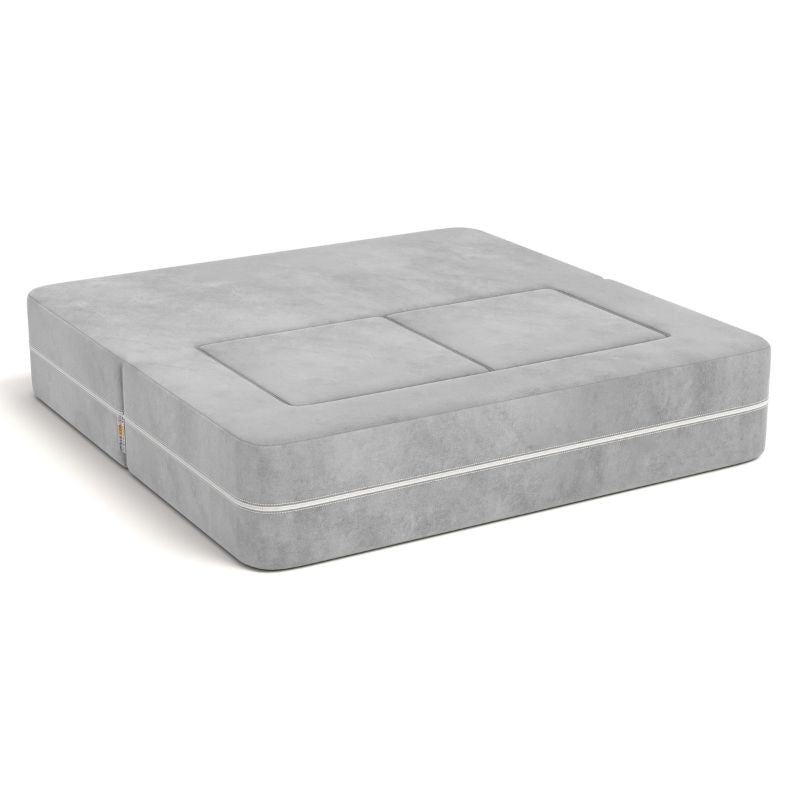 Jaxx Zipline kids convertible loveseat in grey microsuede folded into bed mode, a fold out play sofa that converts to a daybed