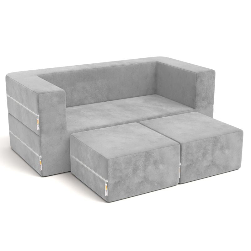 Jaxx Zipline kids convertible loveseat in grey microsuede, a fold out play sofa for playrooms and bedrooms