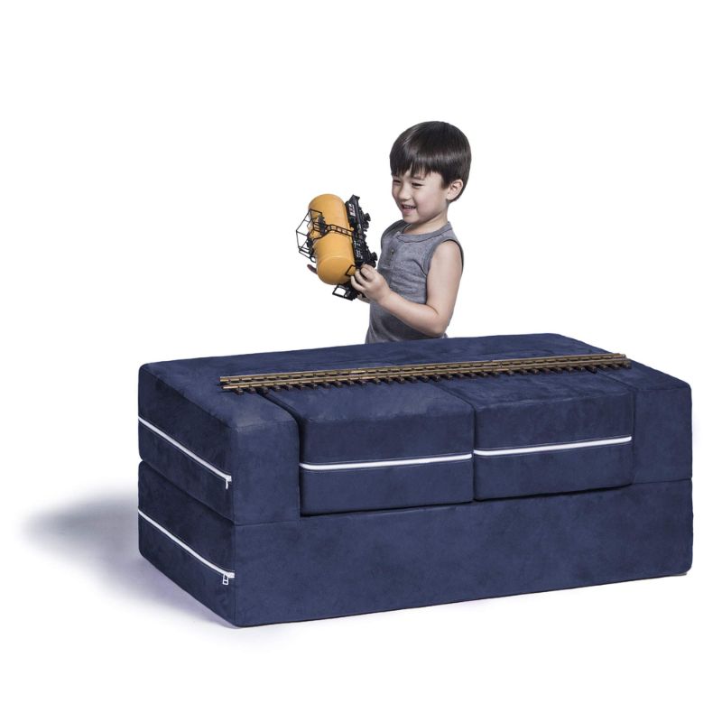 Jaxx Zipline kids convertible loveseat in navy microsuede in bench mode, a play sofa that doubles as a play table