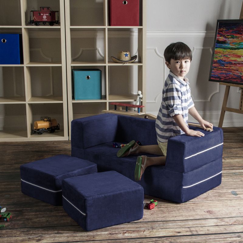 Jaxx Zipline kids convertible loveseat in navy microsuede with ottomans, a play sofa for kids playrooms and bedrooms