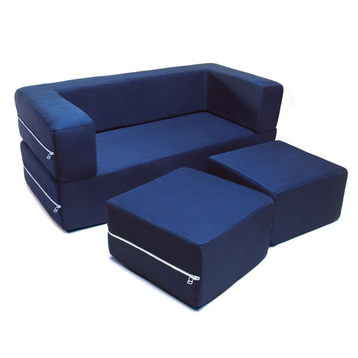 Jaxx Zipline kids convertible loveseat in navy microsuede shown with ottomans separated, highlighting the modular play sofa design