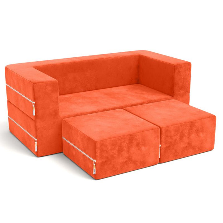 Jaxx Zipline kids convertible loveseat in orange microsuede, a 3-in-1 play sofa with fold out bed mode