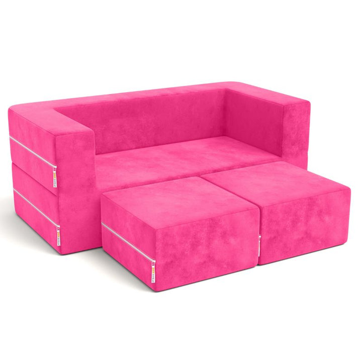 Jaxx Zipline kids convertible loveseat in pink microsuede, a convertible play sofa with removable ottomans