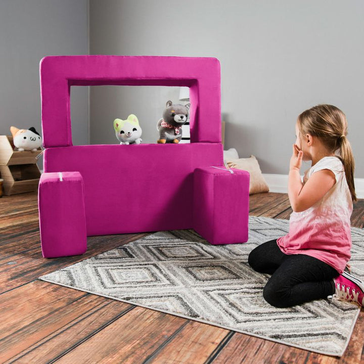 Jaxx Zipline kids convertible loveseat in pink microsuede built into a puppet theatre, a modular play sofa for pretend play