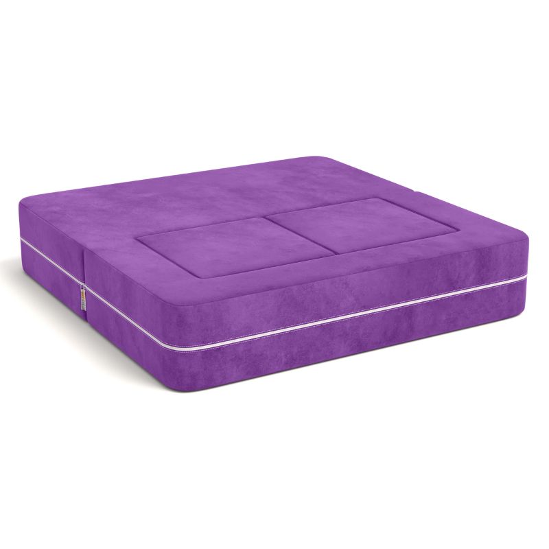 Jaxx Zipline kids convertible loveseat in purple microsuede folded into bed mode, a 3-in-1 play sofa that unfolds into a bed