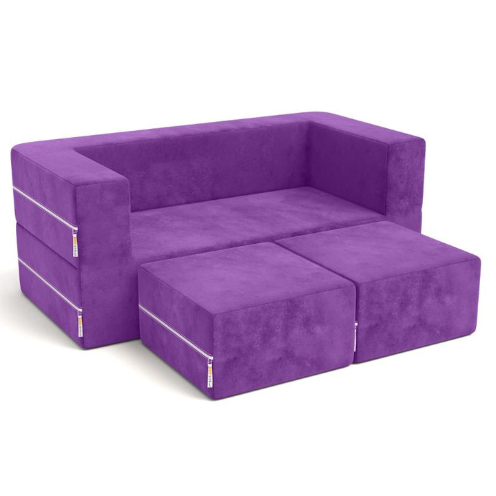 Jaxx Zipline kids convertible loveseat in purple microsuede, a fold out kids sofa that doubles as a play table