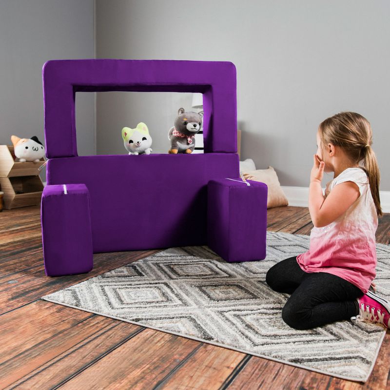 play-sofa-purple-puppet-theatre	Jaxx Zipline kids convertible loveseat in purple microsuede built into a puppet theatre, a modular play sofa for imaginative play