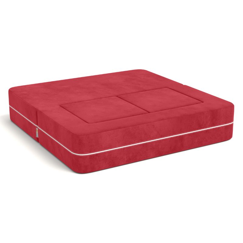 Jaxx Zipline kids convertible loveseat in red microsuede folded into bed mode, a fold out sofa that doubles as a daybed