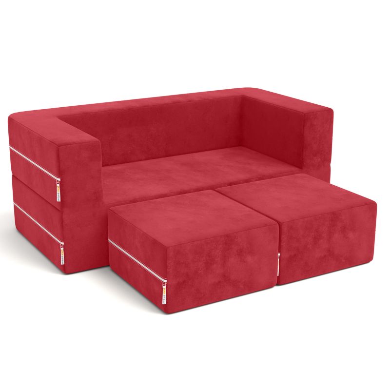 Jaxx Zipline kids convertible loveseat in red microsuede, a 3-in-1 fold out sofa for kids playrooms and bedrooms