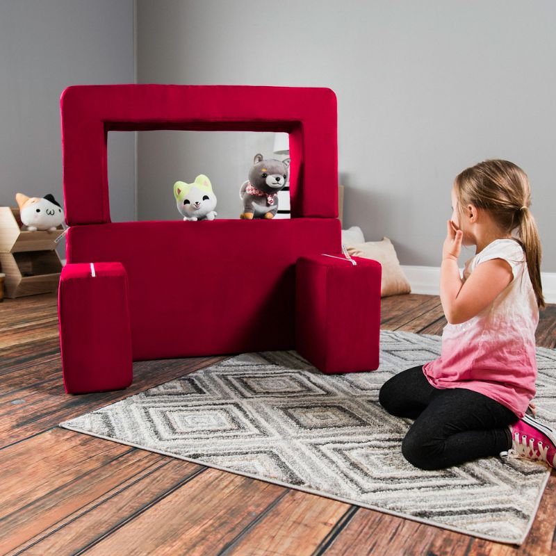 Jaxx Zipline kids convertible loveseat in red microsuede built into a puppet theatre, a fold out play sofa for imaginative play