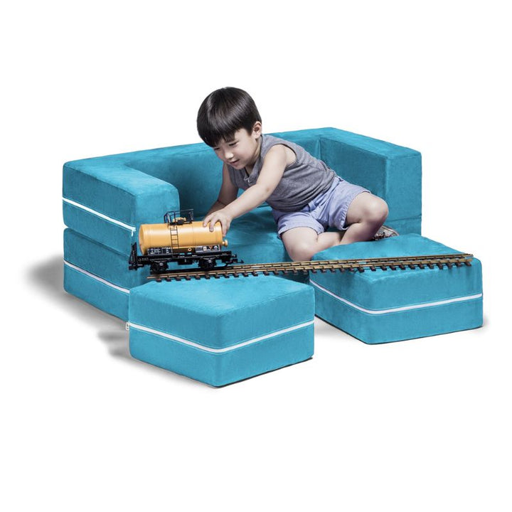 Jaxx Zipline kids convertible loveseat in teal microsuede in use as seating, a play sofa with ottomans for playrooms