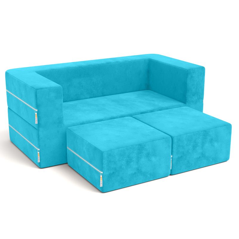 Jaxx Zipline kids convertible loveseat in teal microsuede, a 3-in-1 play sofa that folds into a bed and play table