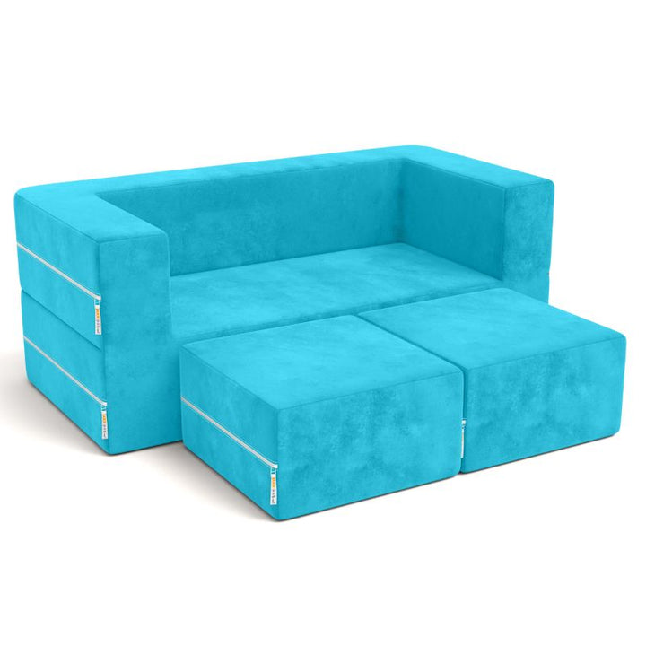 Jaxx Zipline kids convertible loveseat in teal microsuede, a 3-in-1 play sofa that folds into a bed and play table