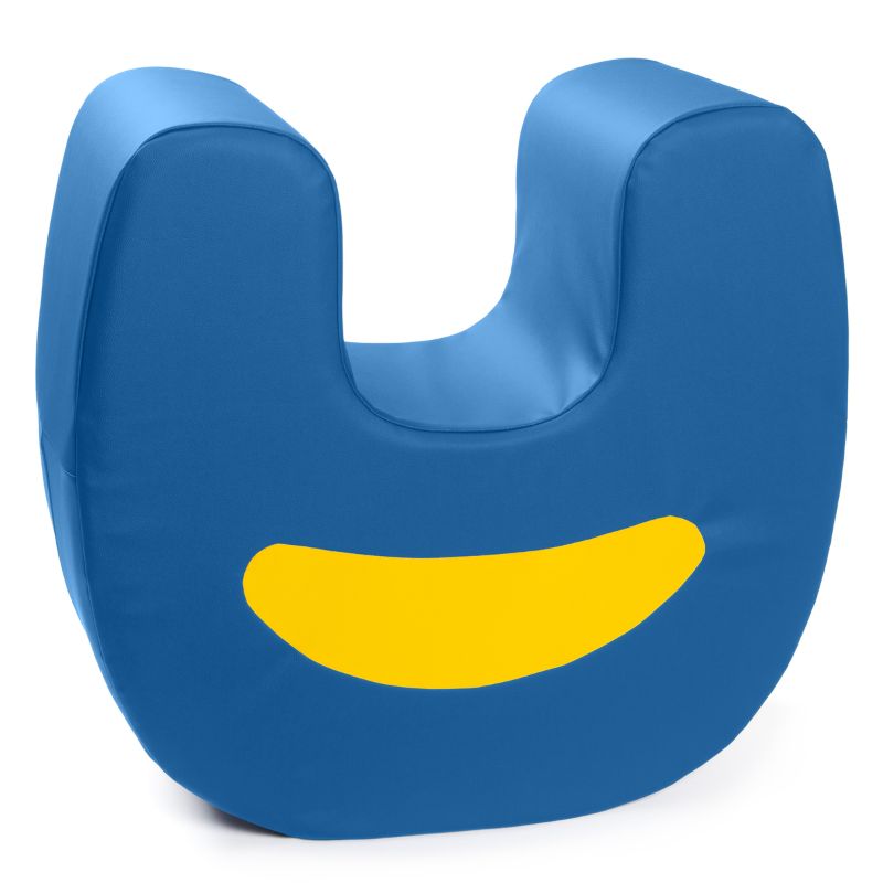 Jaxx Zipline Loveseat, a blue molded foam seat with a U-shaped cutout and yellow smile detail, shown on a plain background