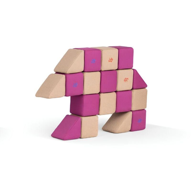 A bear-shaped figure built from JollyHeap Basic Set magnetic foam blocks, demonstrating the range of animal builds possible with this soft play block set.