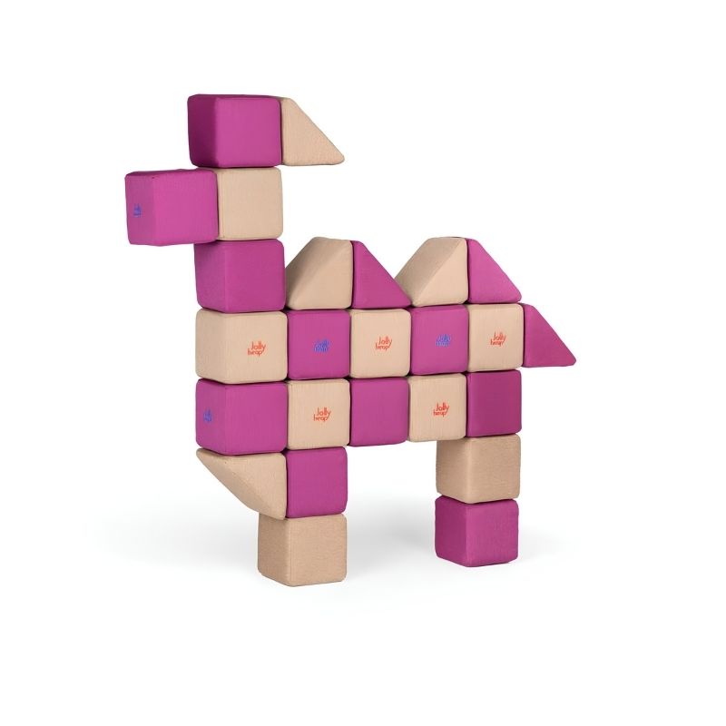 A camel-shaped figure built from JollyHeap Basic Set magnetic foam blocks, showing another animal build option within this soft play set for schools and homes.