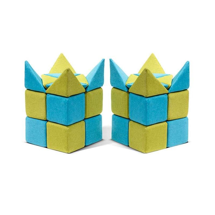 JollyHeap Extra Set - 32 Blocks built into two matching turret towers, demonstrating the new shapes in this magnetic foam block expansion set