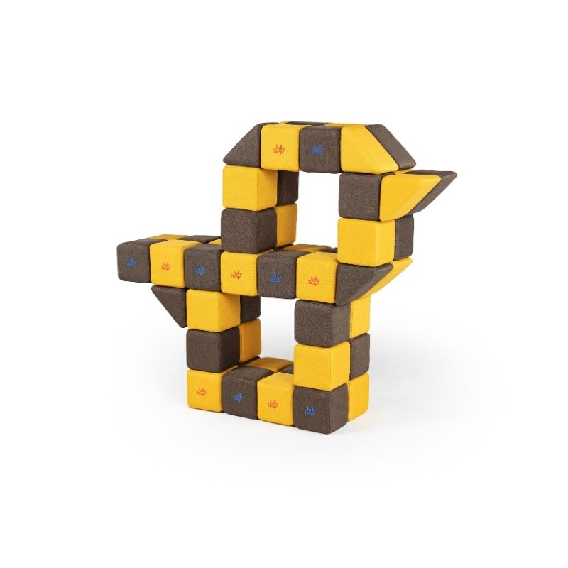 A second view of the angular sculptural structure built from JollyHeap Medium Set magnetic soft blocks