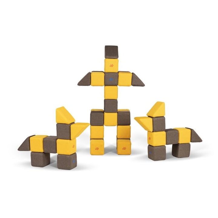 Three four-legged creature and figure constructions built from JollyHeap Medium Set magnetic soft blocks