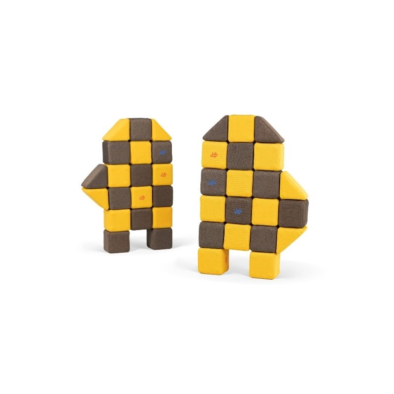 Two standing figure constructions built from JollyHeap magnetic soft blocks with triangle arm and head pieces
