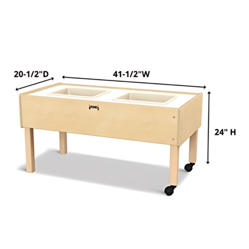Jonti-Craft Toddler 2 Tub Sensory Table dimension diagram showing the 41.5"W x 20.5"D measurements and dual-tub layout of this GREENGUARD Gold certified lifetime-warranted sensory table