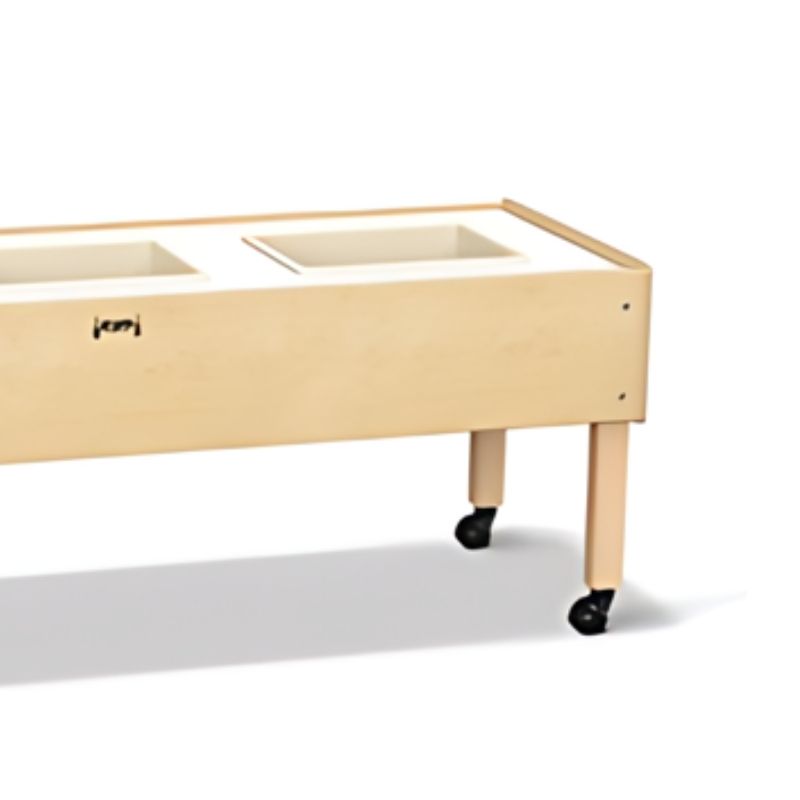 Right leg and wheel detail of the Jonti-Craft Toddler 3 Tub Sensory Table showing the locking caster wheels that allow this GREENGUARD Gold classroom sensory table to be repositioned easily