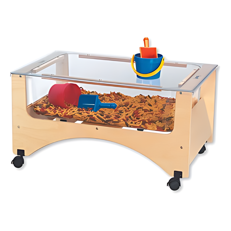 Jonti-Craft See Thru Toddler Sensory Table 20" High landscape view showing the transparent acrylic tub, locking wheels, and included see-through activity cover