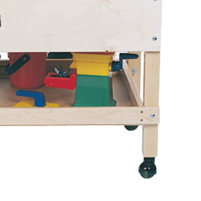 Under-tub storage shelf view of the Jonti-Craft Sensory Table with Shelf 24" High showing the built-in accessory storage of this KYDZStrong Baltic Birch preschool sensory table