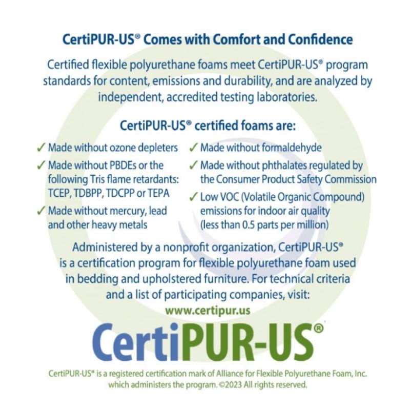 CertiPUR-US certification badge confirming the Kiddie Couch foam meets rigorous safety and emissions standards for children's play products