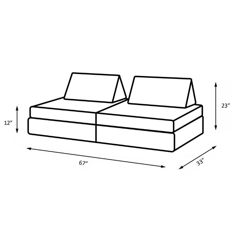 Detailed dimension diagram for the Kiddie Couch modular kids play couch showing length, depth, height, seat height, and cushion thickness specifications