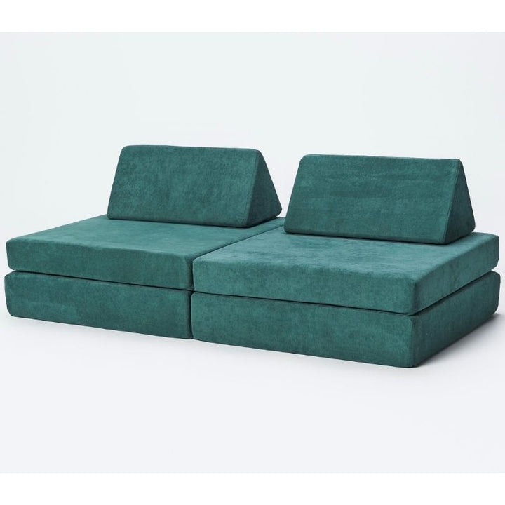 Kiddie Couch modular kids play couch in Emerald Green colour, showing the machine-washable microvelvet cover