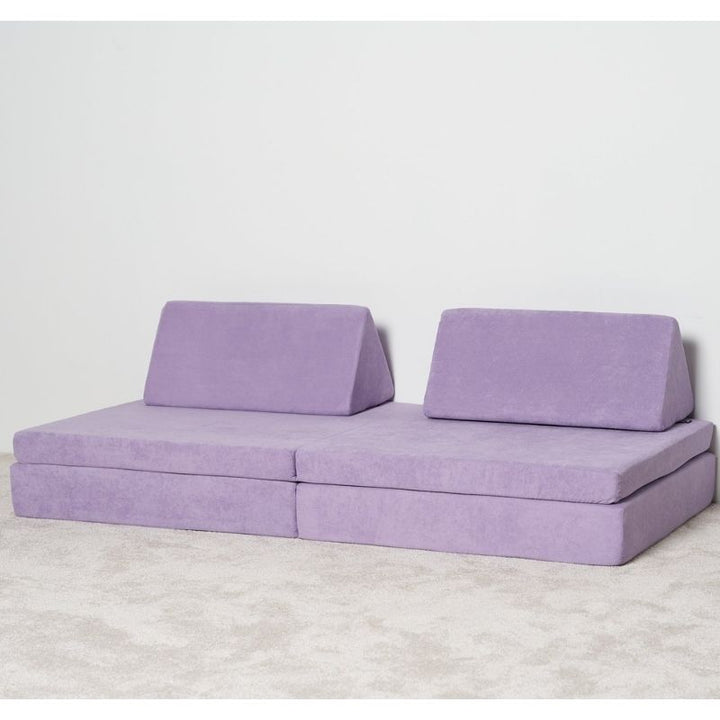 Second landscape front view of the Kiddie Couch in Orchid Purple showing the modular play couch assembled configuration