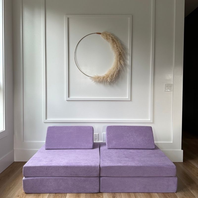 Front view of the Kiddie Couch modular kids play couch in Orchid Purple showing the assembled foam and microvelvet cover
