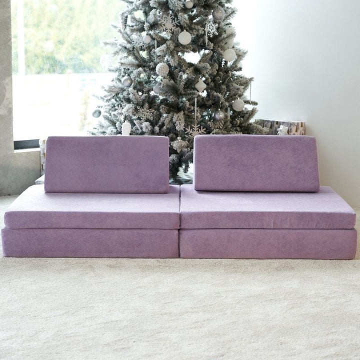 Kiddie Couch modular kids play couch in Orchid Purple, front view showing the assembled four-piece foam configuration