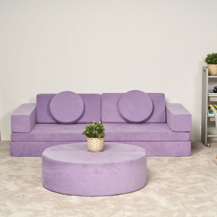 Kiddie Couch modular kids play couch in Orchid Purple styled in a family living room setting