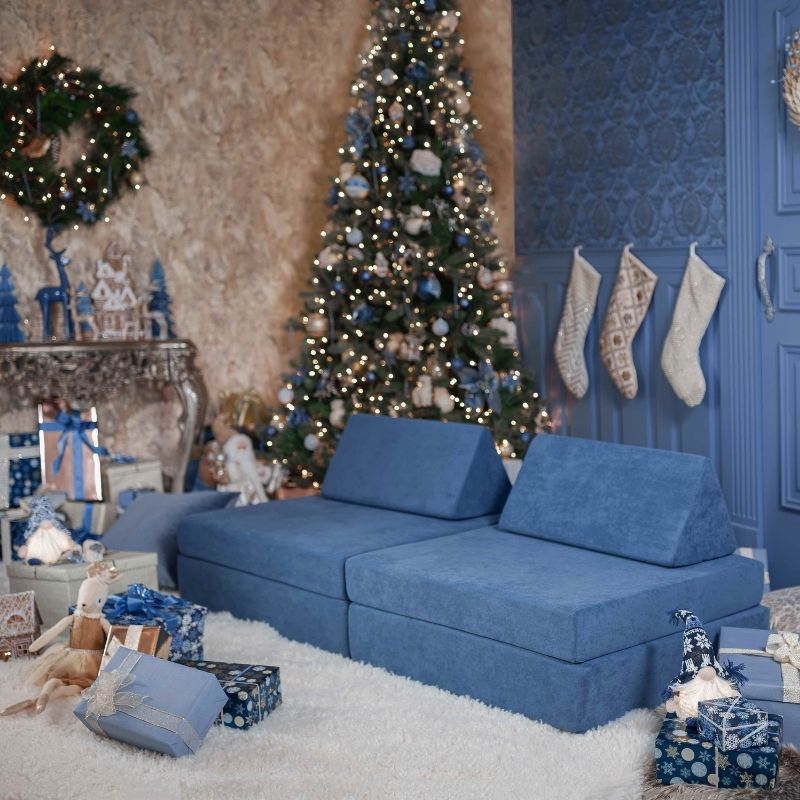 Kiddie Couch in Pacific Blue styled in a Christmas home setting, showing the modular kids play couch as a gift for children