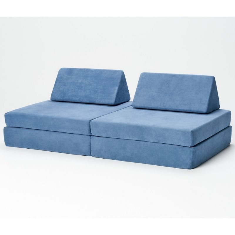 Kiddie Couch modular kids play couch in Pacific Blue colour, showing the water-resistant microvelvet fabric finish