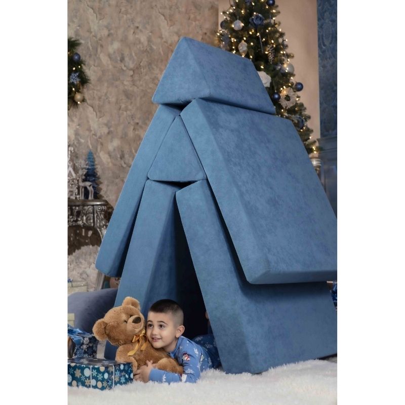 Kiddie Couch in Pacific Blue arranged into a teepee configuration, demonstrating creative fort-building and sensory play possibilities
